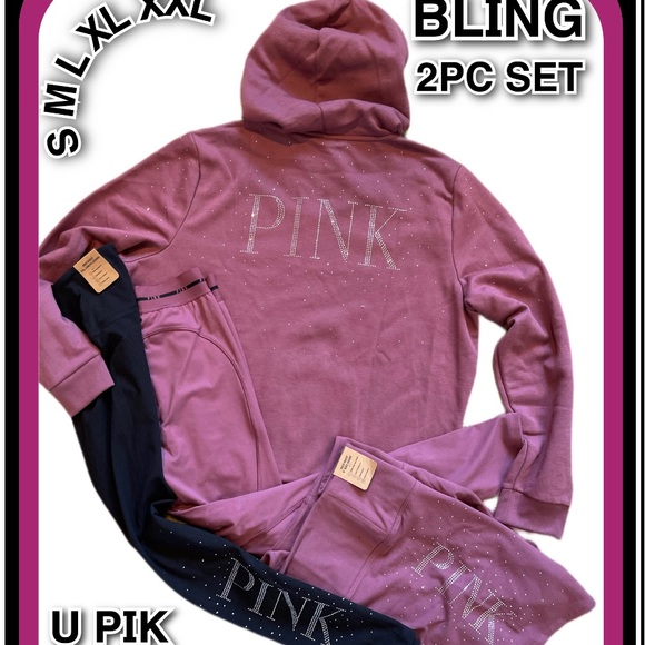NEW VICTORIAS SECRET PINK BLING RELAXED FIT HOODIE & LEGGINGS or SHORT S-XXL NWT - Picture 2 of 6